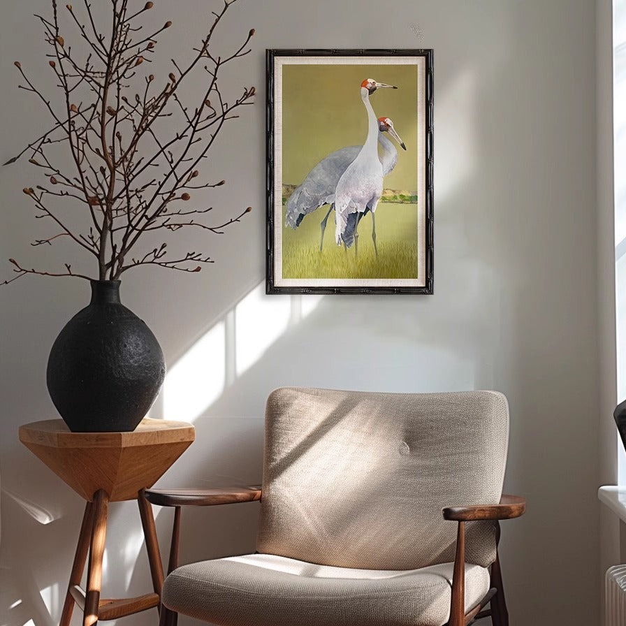 Pintura al óleo de pareja de grullas