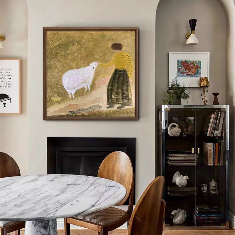 Pintura al óleo de niña y oveja