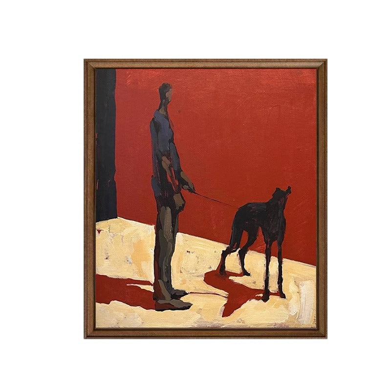 Pintura al óleo de un hombre paseando a un perro