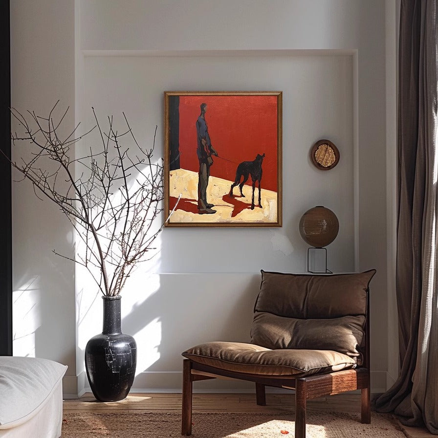 Pintura al óleo de un hombre paseando a un perro