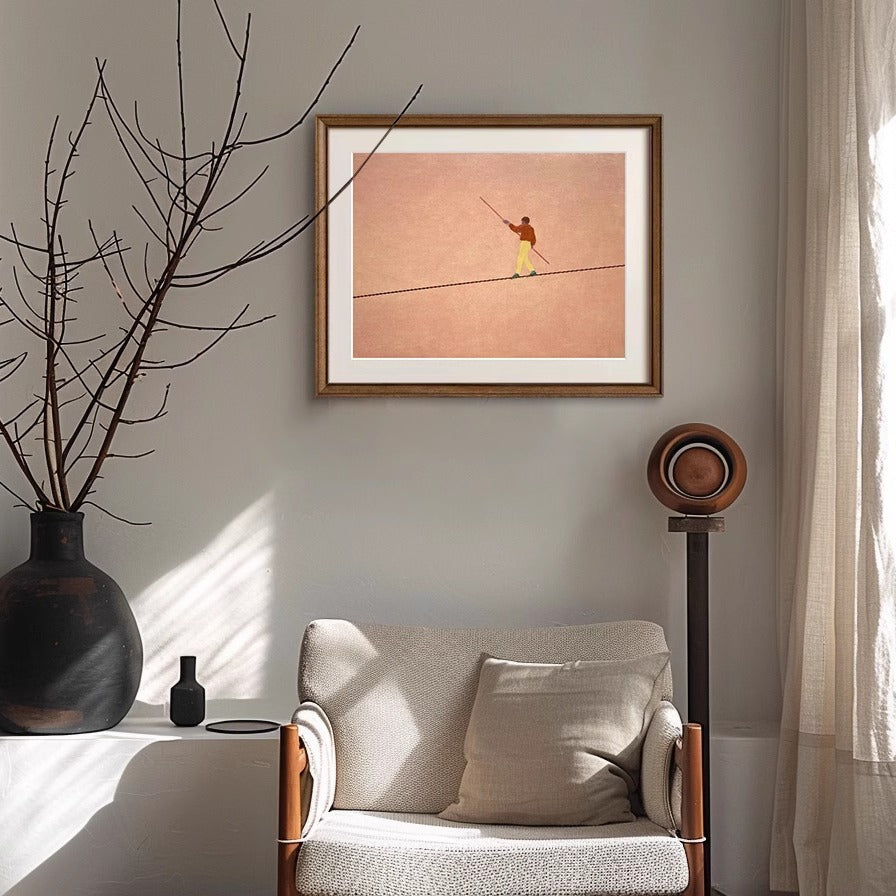 Pintura al óleo de una persona caminando sobre la cuerda floja