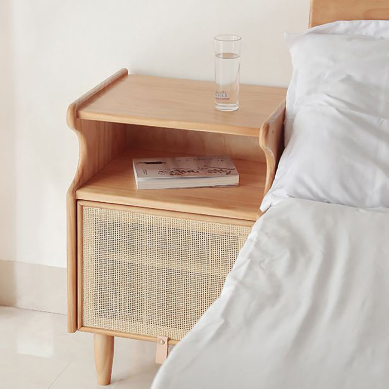 Beige Wooden Rattan Nightstand - HOUSYE