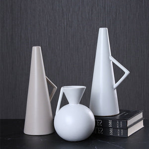 Ceramic Simple Pot Geometric White Gray Vase - HOUSYE