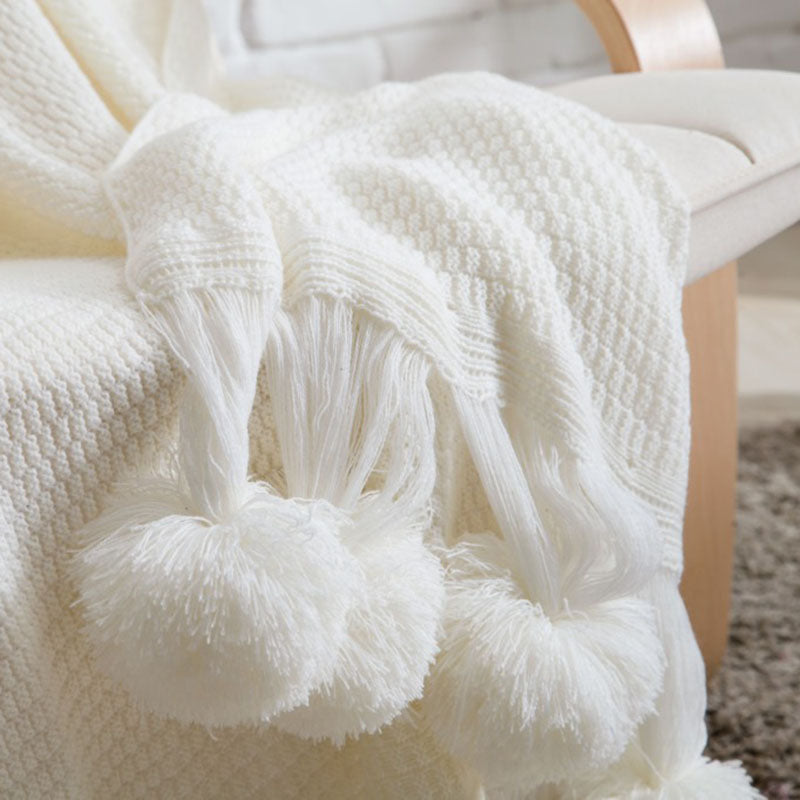 Knitted Rectangular Fringe Lace Blanket - HOUSYE