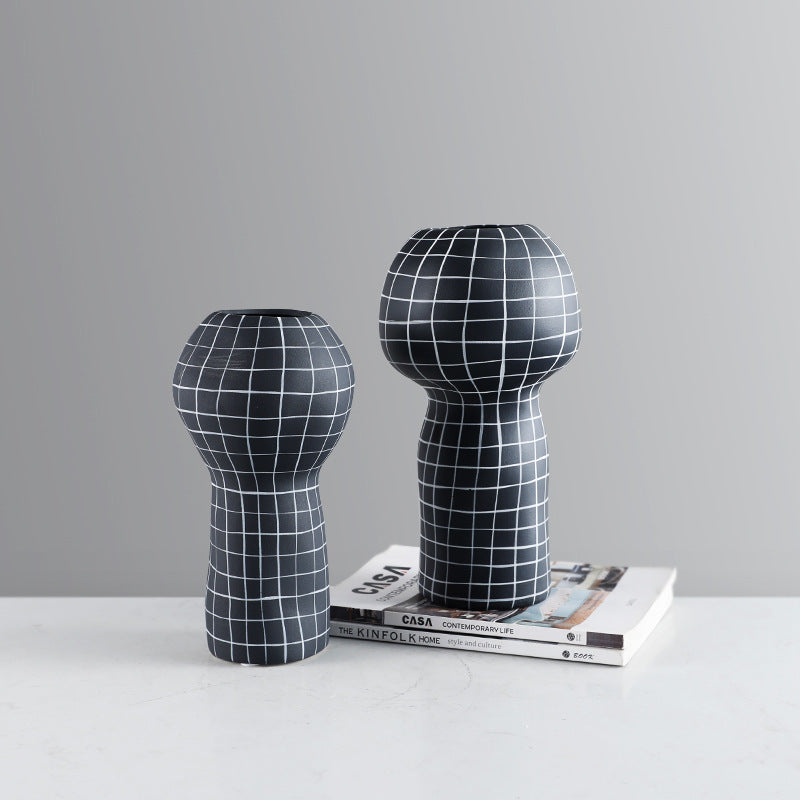 Geometric Grid Black Vase