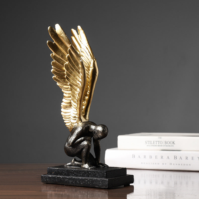 Single Wing Black Gold Angel Sculpture Decoration - HOUSYE