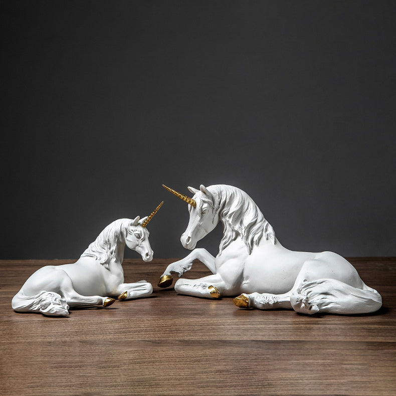 Lying White Unicorn with Gold Horn Sculpture - HOUSYE