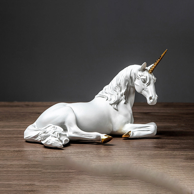 Lying White Unicorn with Gold Horn Sculpture - HOUSYE