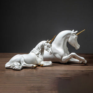 Lying White Unicorn with Gold Horn Sculpture - HOUSYE