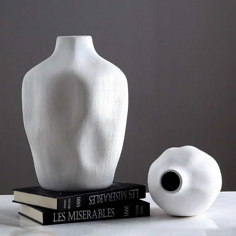 Nordic Minimalist White Ceramic Round Concave Vase - HOUSYE