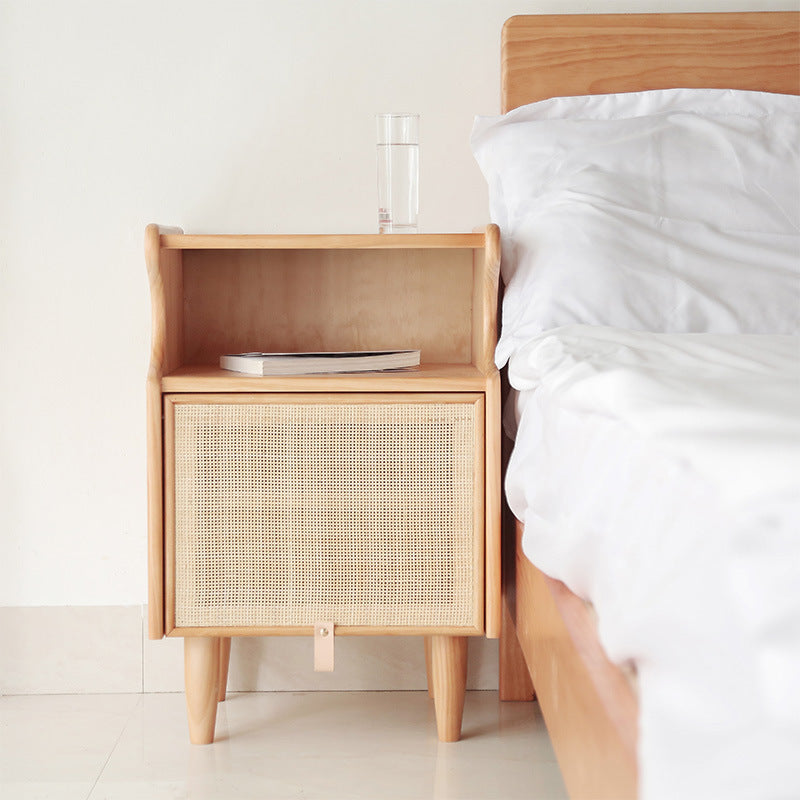 Beige Wooden Rattan Nightstand - HOUSYE