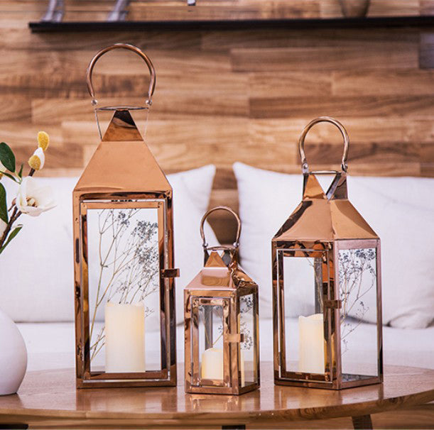 Rose Gold Metal Hanging Lantern - Set of 3 - HOUSYE