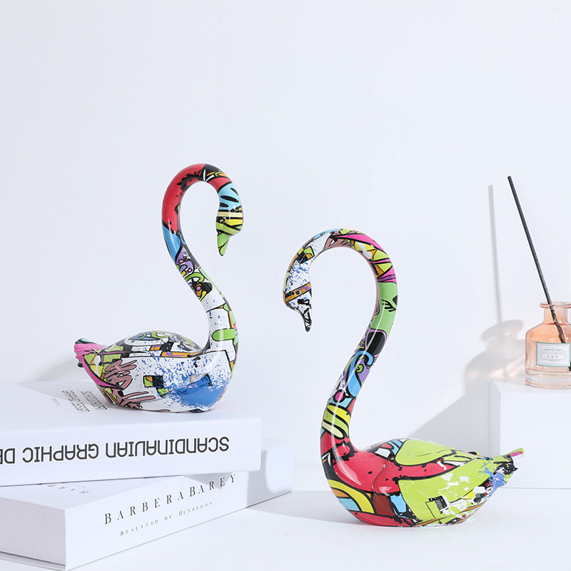 Resin Colorful Couple Swan Sculpture - A Set - HOUSYE