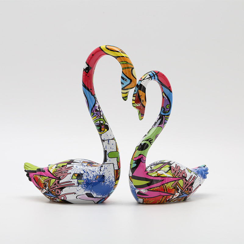 Resin Colorful Couple Swan Sculpture - A Set - HOUSYE