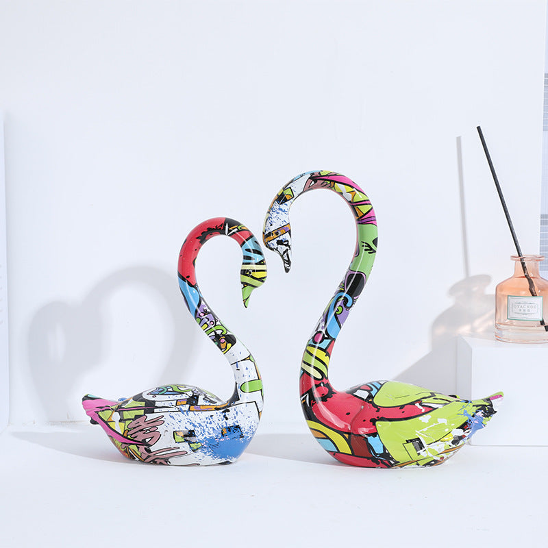 Resin Colorful Couple Swan Sculpture - A Set - HOUSYE